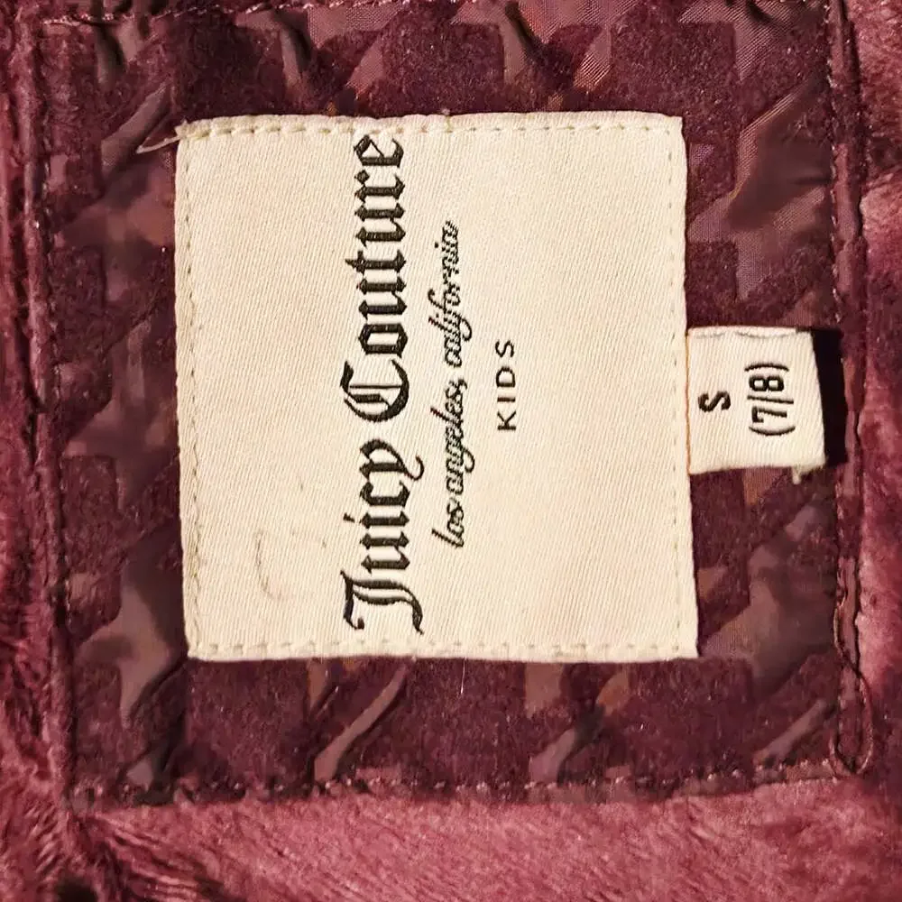 Juicy Couture Puffer Jacket Size 7/8 Burgundy Houndstooth Faux Fur Hood